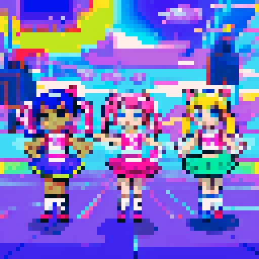 kawaii cheerleaders, pigtail hair, galaxy in the sky, meat background, neon colors