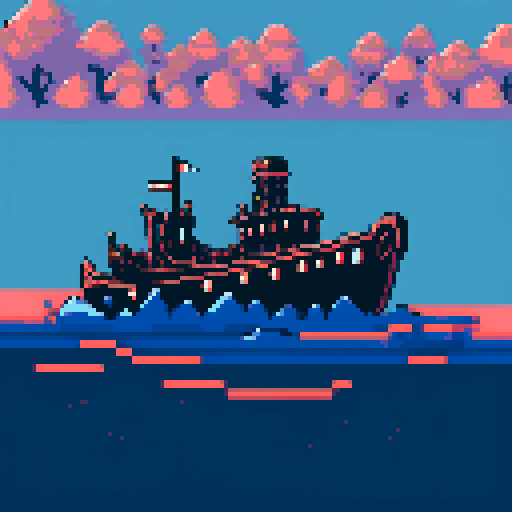 sunken ship, half out of water, pixel art, sRGB