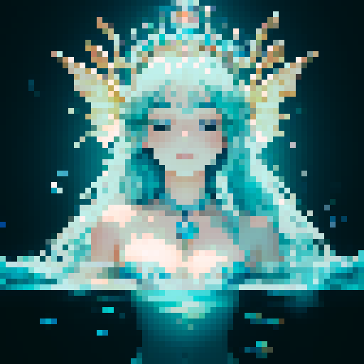 Create a close-up image of a mermaid with a crown, partially submerged underwater. Half of her face is above the water's surface, revealing her beautiful features. The underwater portion of her face should show her aquatic beauty, with the serene, mysterious ambiance of the ocean surrounding her. The crown should have an ethereal, shimmering quality, adding to her majestic presence.