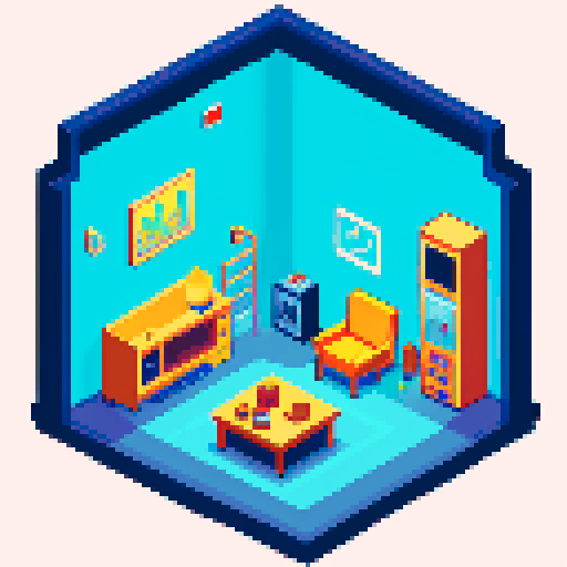 apartment of a depressed pc gamer, surrounded by drab and boring apartment interior, lost in sad melancholy, pixel art, mysterious