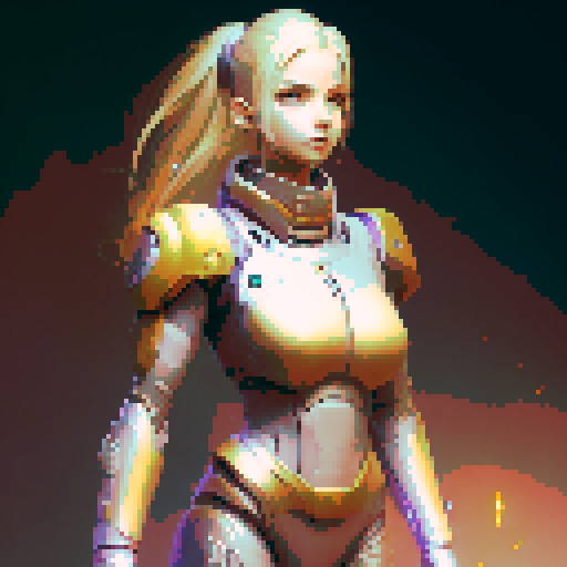 samus-aran type female character with anime eyes, no helmet, arm weapon like samus, medium sexy butt and boobs, standing facing right idle, fantasy RPG