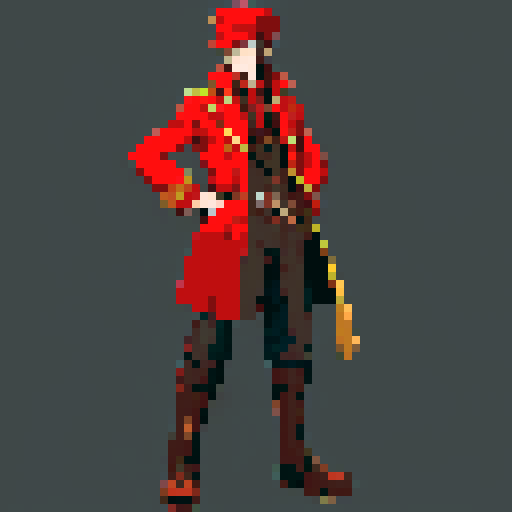 steampunk young man, red coat, red hat, 2D game stance, pixel art, sRGB, full body