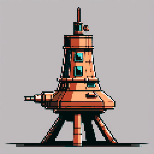 I want a tall vertical copper structure reminiscent of the gun on top of a turret. The design should be relatively simple. I also want this object usable as an asset in a videogame, meaning only one object per image, outlined with a strong black stroke, on a solid-color background.