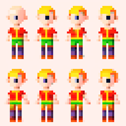 8-bit pixel art base character sheet of a chibi-style elf boy with no hair or clothes, serving as a fully customizable base model. The character has short legs and simple features