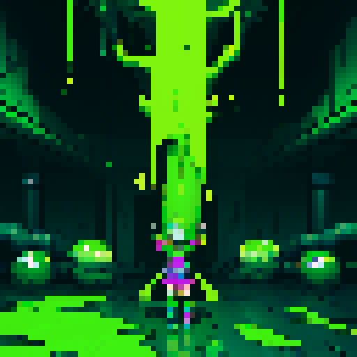 floor covered in neon green goo, hero getting stuck in goo