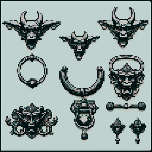 simple, geometrical pieces from old door knocker and gargoyles. It should be seen as if on a wall, with no perspective, on a solid-color background. There should one be two or three pieces in each frame, it shouldn't be complete.