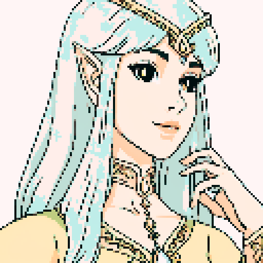 beautiful illustrious Elf Queen, golden-sun hair with white, comforting, welcoming look, ceremonial regal clothes of the elven royalty, pixel art, sRGB