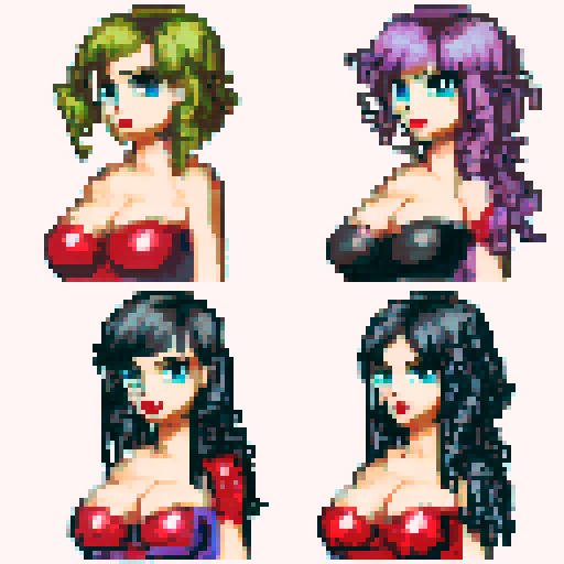 curvy, cute goth girl with black hair, purple eyeshadow, and red lipstick, standing in a nude glamour shot, pixel art, vibrant sRGB colors, background, landscape