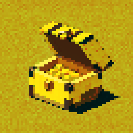 Craft a pixel art treasure chest, front-facing with a bee motif. Use a golden-yellow and black palette, honeycomb texture, and no side views. Include bee elements like wings or antennae. Keep it simple and iconic.