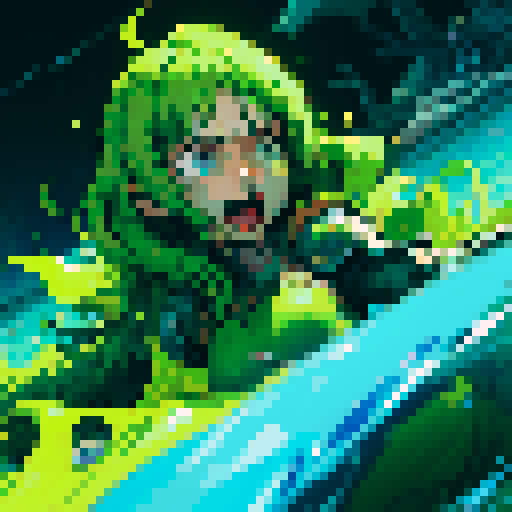 hero sinking into ooze, metal armor, hero waist deep in slime, reaching up, screaming, sinking into slime