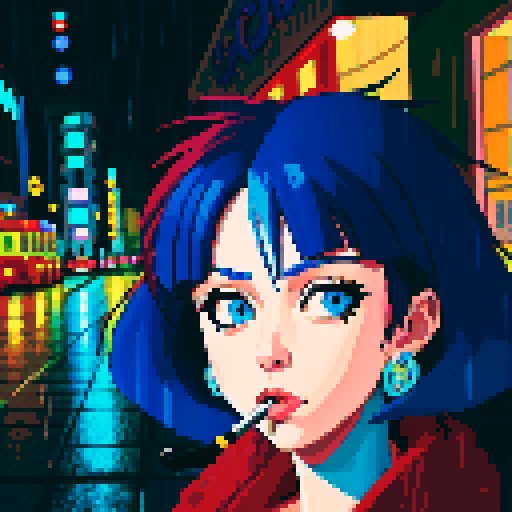 Blue haired 90s pop girl, smoking a cigarette, downtown, in the rain, gritty