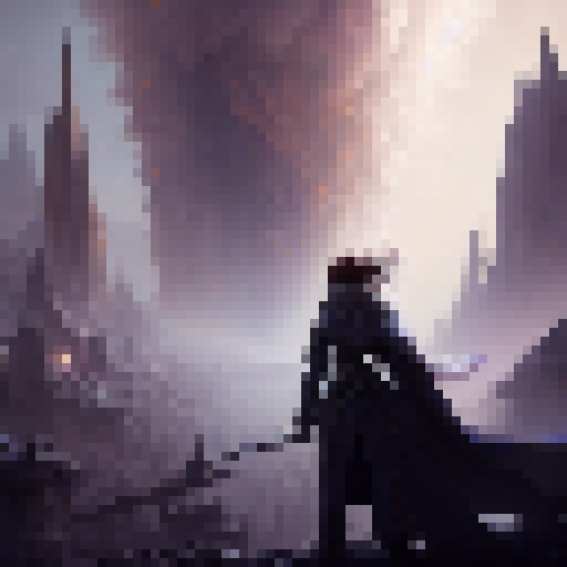 Eron, a full Mistborn in mistcloak, wielding a silver-tipped cane and surrounded by swirling mist, stands atop a rusted metal platform overlooking a cityscape of towering spires and billowing smoke.