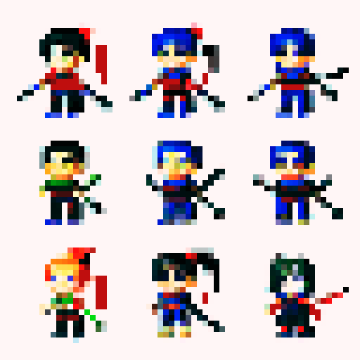 ninja anime pixelated avatars with katanas on there backs
