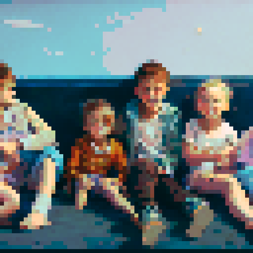 Children sitting in front of a beach at sunset