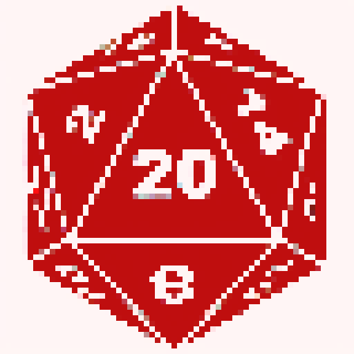 Create a pixel art illustration of a RPG D20 dice with a medieval helmet placed on the top face of the dice, and a sword crossing diagonally over the dice, forming an 'X' shape. The dice should have 20 triangular sections, each numbered from 1 to 20. The helmet should resemble a traditional knight's helmet with detailed features. The sword should have a hilt, guard, and blade with a metallic look.
