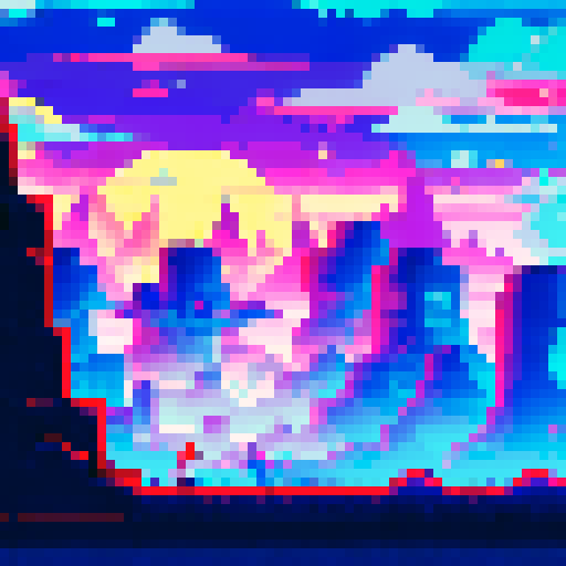 sky city, floating, full of light, music, people playing video-games, sRGB, pixel art, background, landscape