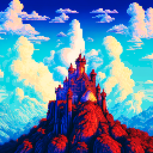A towering, fiery castle overlooks a sprawling, desolate wasteland in the world of Elden Ring, rendered in vibrant, retro pixel art against a haunting sRGB background