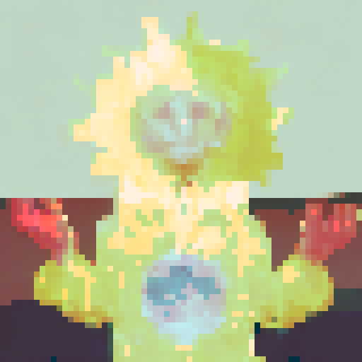a character with a sun head and a moon heart, arms open, influenced by the song "moon heart sun head" by the band Cynic.