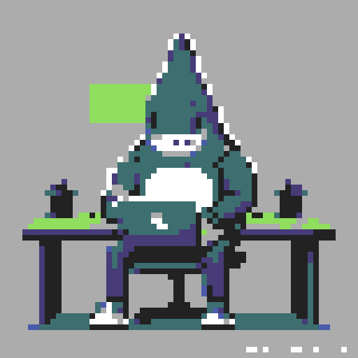 shark, seated, desk, typing, laptop, pixel art, sRGB