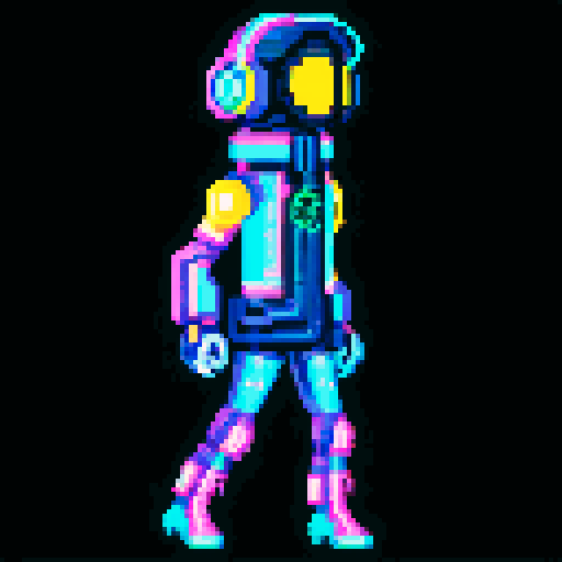 cyberpunk space trader sprite, pixel art, futuristic design, cybernetic arm with intricate detailing, glowing yellow-orange visor over the eyes, trench coat with glowing lines, blue and teal color palette with neon pink and yellow accents, distinct sci-fi aesthetic, confident posture, mid-step left first with arms extended
