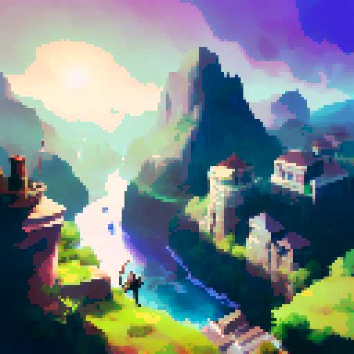 cliff, someone standing with arm shading eyes, city below, satellite in sky, landscape portrait