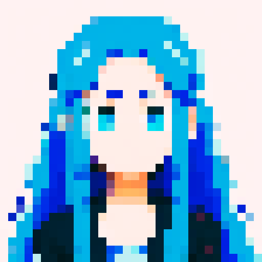 Design a pixel art anime avatar, showcasing the iconic anime style with large expressive eyes, elaborately styled hair, and vibrant colors. The character should be in a classic anime pose, exuding personality and emotion typical of anime characters, like excitement, determination, or serenity. Focus on creating a highly pixelated aesthetic, reminiscent of 16-bit video game graphics, where each pixel is clearly visible and contributes to the overall form and expression of the avatar. 