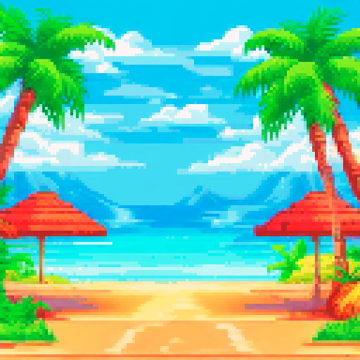 Palm trees swaying in the warm breeze, crystal clear ocean water lapping at the sandy shore, and colorful beach towels scattered across the landscape
