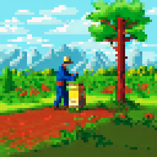 A small apiary in the english countryside. A beekeeper is tending one of the hives.