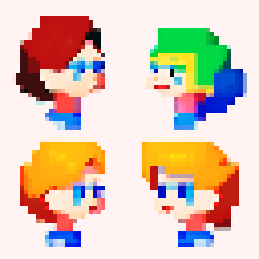 pixelated characters in vibrant, retro colors, with distinct hairstyles and accessories, showcasing the charm of pixel art in a visually stunning sRGB palette