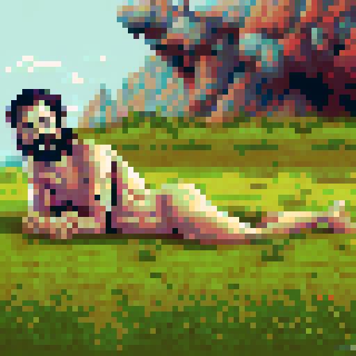 crazy, naked, long-haired man, sRGB, pixel art, grass field, front, background, landscape