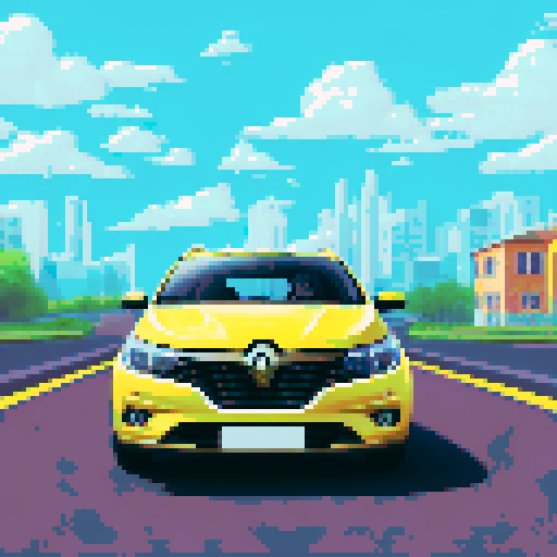 Photorealistic whole Renault Logan, centered, three-quarter view, right front wheel, clean background, sRGB colors, pixel art style