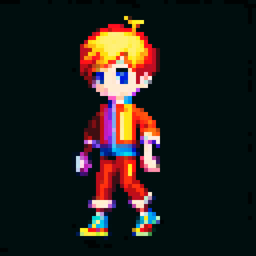 2D pixel character walking in a vibrant, retro pixel art style with a palette of bright, saturated colors and a limited number of pixels, creating a nostalgic and visually striking image