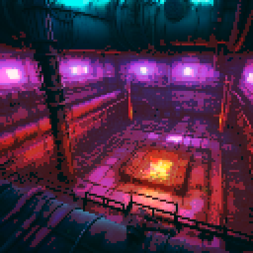 Corrosive Waste Factory
"A battleground viewed from a slightly elevated perspective, with a flat, corroded metal floor in the foreground. The edges of the arena are bordered by glowing pools of pinkish-purple toxic waste, with rusted machinery and pipes leaking hazardous material. The background rises slightly to show more industrial decay, with flickering lights enhancing the eerie atmosphere."