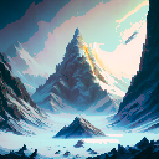 epic detailed mountain, towering over the vast landscape, with snow-capped peaks reaching towards the heavens, surrounded by swirling clouds and mystical creatures, reminiscent of a fantastical RPG world