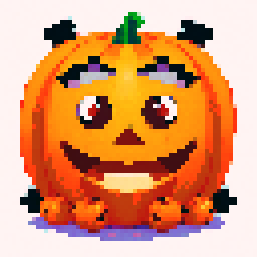 cartoon pumpkin faces with expressive eyes and quirky grins, rendered in vibrant pixel art with a rich sRGB color palette