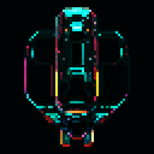 Spaceship, sleek design, metallic exterior, retro aesthetic, pixelated details,blinking lights, computer screens, wireframe outlines, geometric shapes, low-resolution textures, vibrant pixel art style, sRGB color space
View from above
