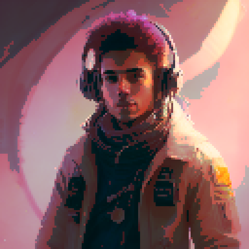 Solo male protagonist, wearing headphones, composing music, surrounded by mystical orbs, lost in a mesmerizing symphony, conjuring a fantastical world with every note, alone in a dim lit room