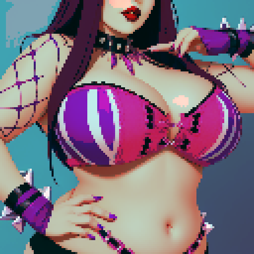 Plus size busty goth girl, with long purple hair, eyeliner, red lipstick. wearing a spiked collar. Posing for a portrait. vibrant sRGB colors, pixel art, edgy aesthetic