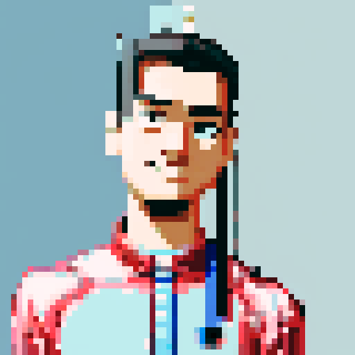 pixel art avatar with vibrant colors, detailed shading, and a retro aesthetic, featuring a stylized face with big expressive eyes and a playful smile, surrounded by pixelated hair with intricate highlights and shadows, against a pixel art background with a gradient sky and a cityscape silhouette, all rendered in the sRGB color space