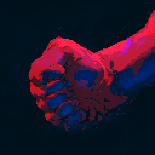Hand fist, adorned with ornate, intricately carved runes, pulsating with ethereal energy, casting a spell in a mystical, ancient forest, surrounded by mythical creatures. Red and blue environment. Pixel art