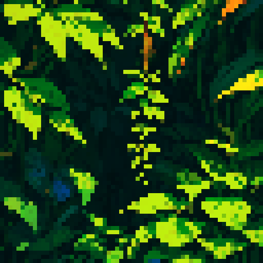 jungle with lush foliage, vibrant colors, hanging vines, dense shadows, pixelated details, sRGB color palette