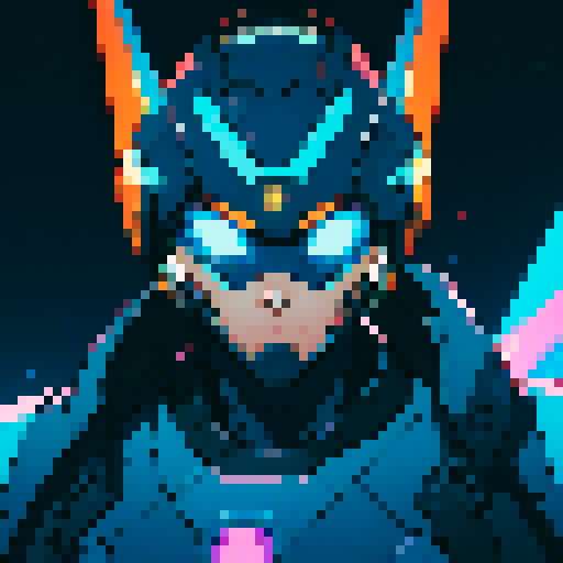 space mech suit, helmeted male pilot, vibrant colors, retro pixel art, futuristic design, glowing neon lights, metallic armor, sleek and angular shapes, dynamic pose, starry background, cosmic energy, intricate details, mechanical joints, digital display, holographic interface, sci-fi atmosphere, powerful weaponry, high-tech gadgets