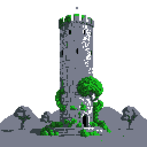 2d grey stone tower in an ancient english style. Old and crumbling but still upright. Green vines crisscross it. Usable as an asset (clear, thick lines and a white background). Put a black stroke around the composition
