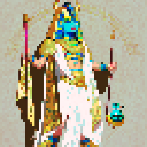 Mysterious Egyptian god Plutus, golden headdress, glowing eyes, hieroglyphic background, intricate jewel-encrusted staff, sacred scarab beetle, vibrant colors, pixel art, sRGB