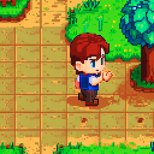 Stardew valley style, main character sprite, 32 pixel high x 16 pixels wide, brown hair, blue eyes, front view, side, view, rear view, and walking animation positions in all directions. High detail