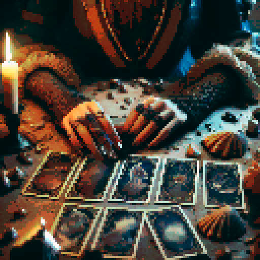 A close-up of a woman's hands over a table during a tarot card reading in a medieval dark style. The table is adorned with elements of the ocean such as sea shells, sand, and small pieces of coral. The atmosphere is mystical and dimly lit, with candlelight casting shadows that enhance the eerie and magical mood. The woman's hands are gracefully poised over the cards, which also have oceanic designs like waves and mermaids.