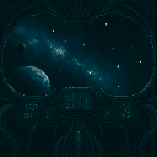 cockpit view of space, spaceship, realistic, alien style