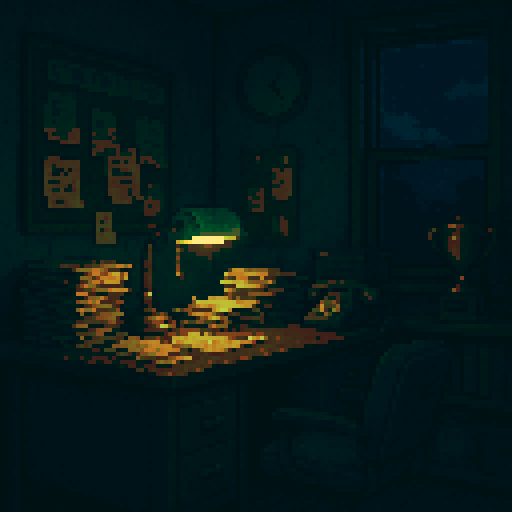 Pixel art of a dimly lit coach’s office filled with character: an old desk stacked with yellowed scouting reports, a flickering green-shaded desk lamp casting a small circle of light, and a dusty, tarnished trophy on a nearby shelf. One window shows night falling. The room is cramped, cluttered, and lived-in. Blues, muted browns, and hints of gold for the trophy. Add soft shadows for atmosphere.