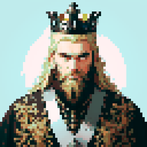 king, regal, black metall crown, black crown, majestic, stoic expression, sharp features, beard, silver accents, silver royal robe, intricate embroidery, game icon, 32x32 pixel art, sRGB, skill art, close up, portrait, blonde hairs, detailed