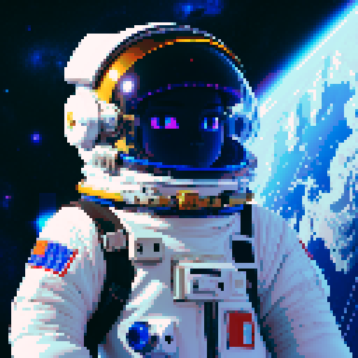 androgynous astronaut, vibrant spacesuit, floating gracefully, starry backdrop, nebula hues, pixelated stars, determined gaze, reflective clear visor, visible face, cosmic energy, self-discovery in space, sRGB, pixel art